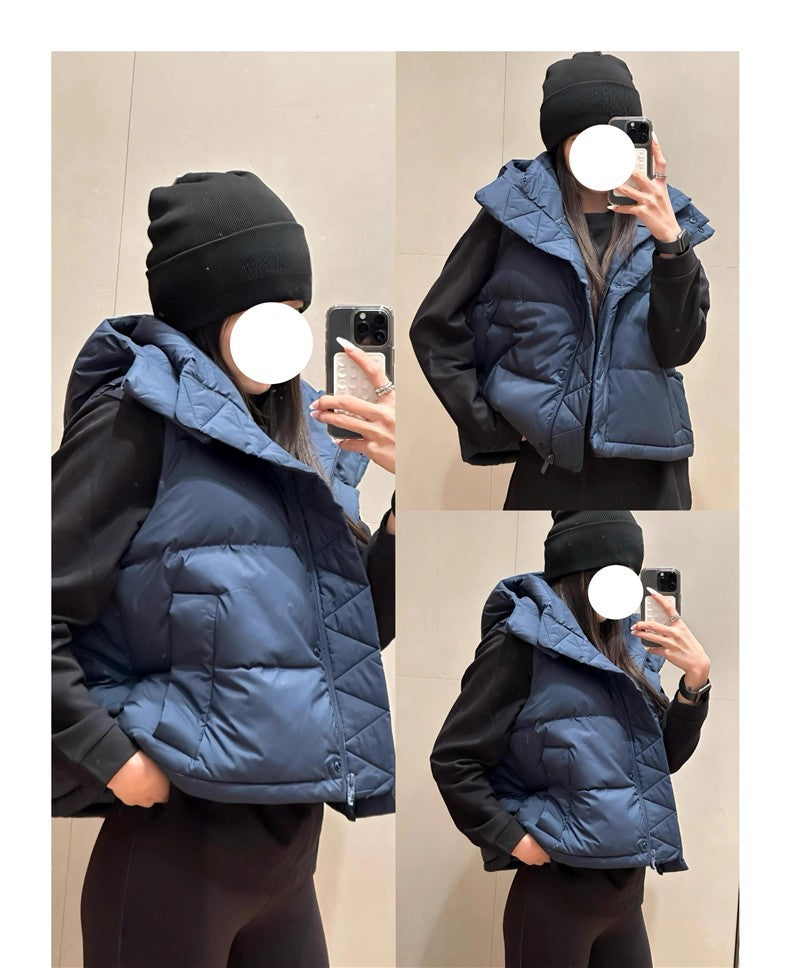 Winter Wund Puff Duck Down Four-Grid Vest Down Jacket Puff Hooded Short Coat for Women