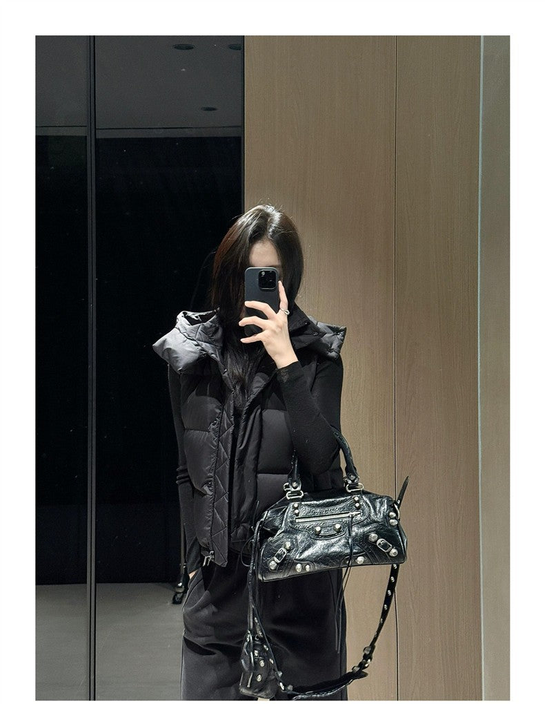 Winter Wund Puff Duck Down Four-Grid Vest Down Jacket Puff Hooded Short Coat for Women