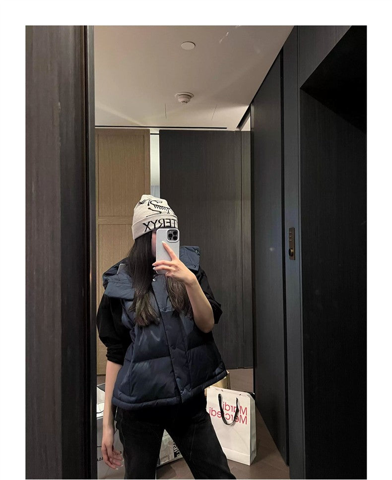 Winter Wund Puff Duck Down Four-Grid Vest Down Jacket Puff Hooded Short Coat for Women