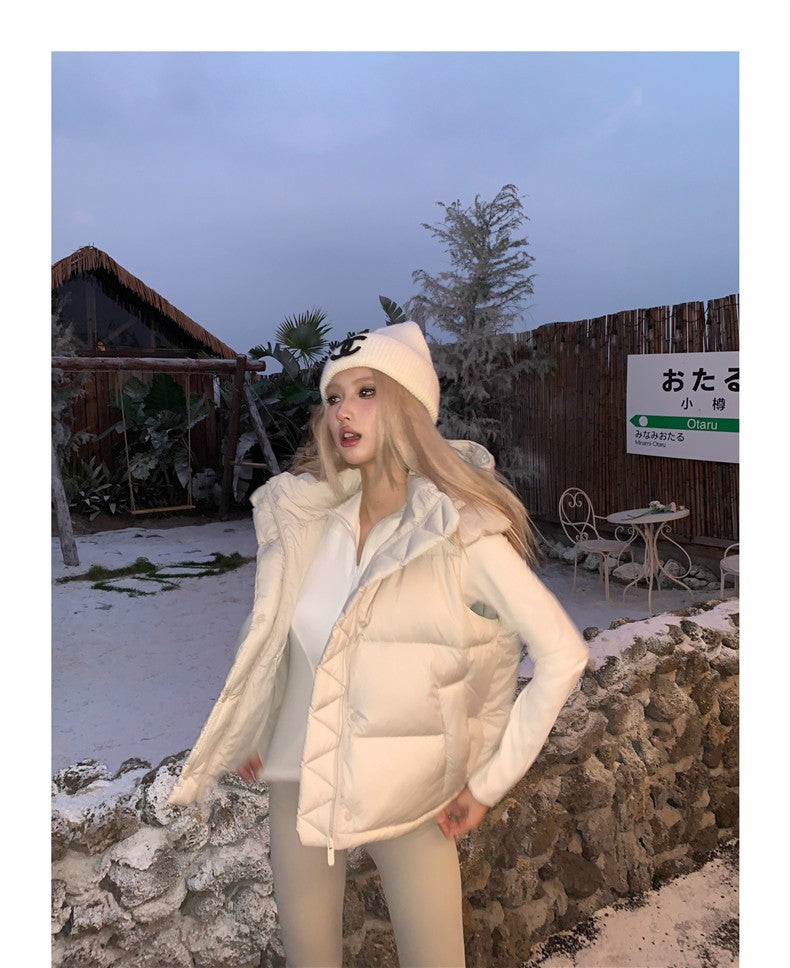 Winter Wund Puff Duck Down Four-Grid Vest Down Jacket Puff Hooded Short Coat for Women