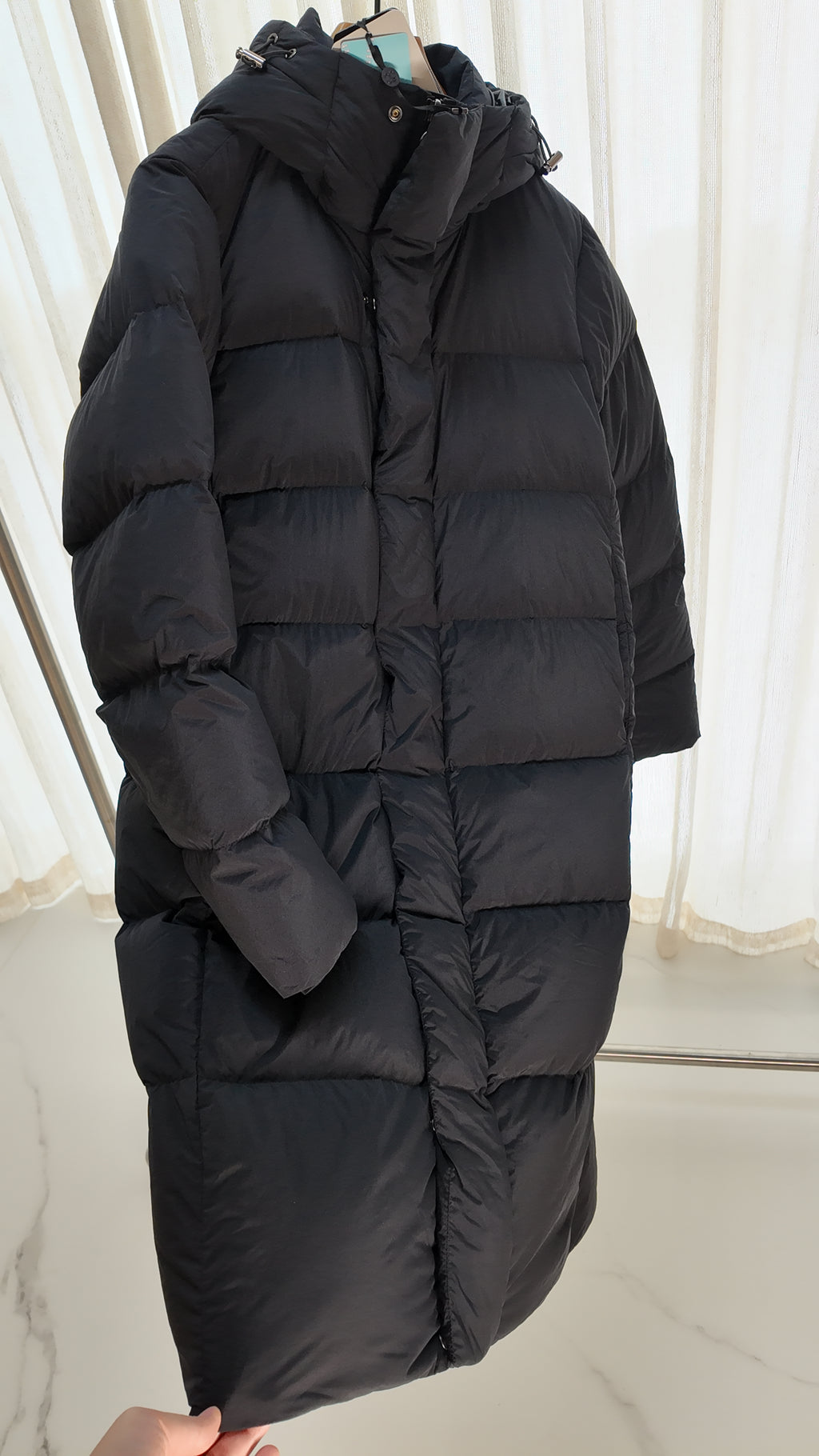 Winter Long Duck Down Jacket With 7 horizontal baffles Hooded Warm Puffy Unisex Black White Grey Easy Clean 850FP model 2360