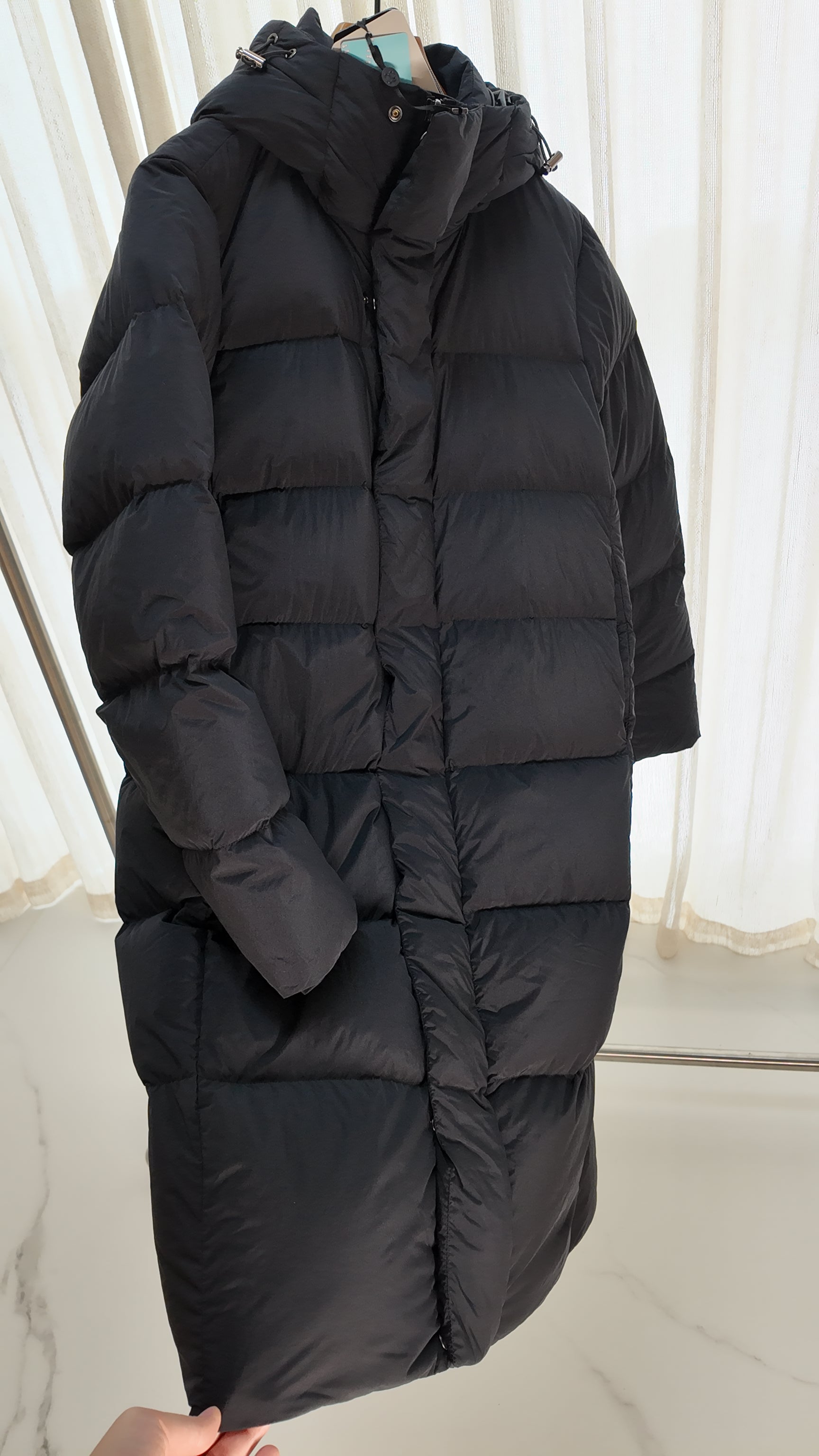 Winter Long Duck Down Jacket With 7 horizontal baffles Hooded Warm Puffy Unisex Black White Grey Easy Clean 850FP model 2360