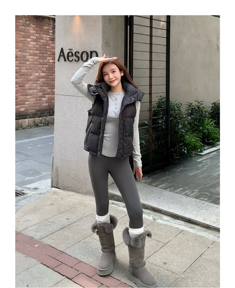 Winter Wund Puff Duck Down Four-Grid Vest Down Jacket Puff Hooded Short Coat for Women