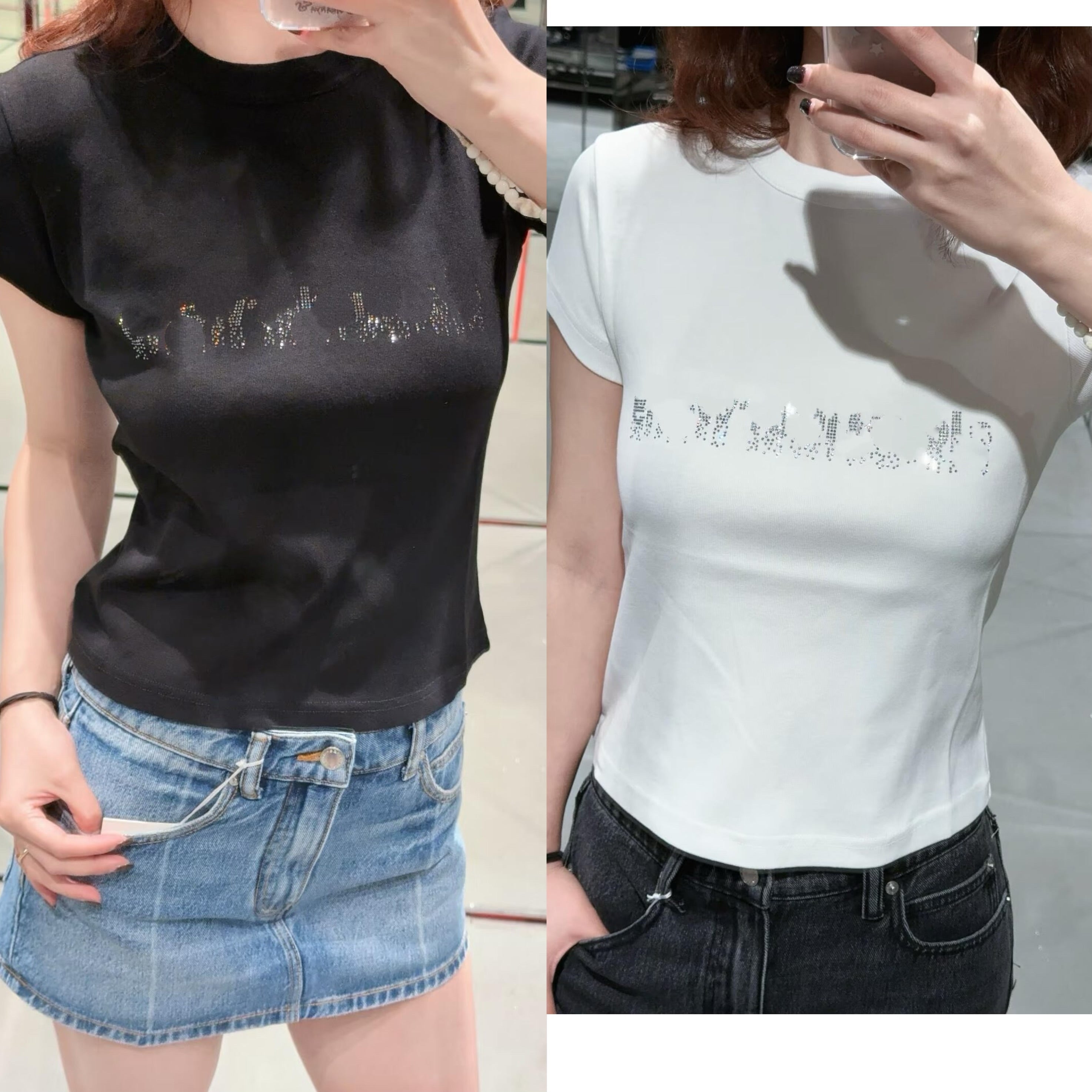 Women's Sparkle Rhinestone Short Sleeve Slim Fit Cotton Blend T-Shirt