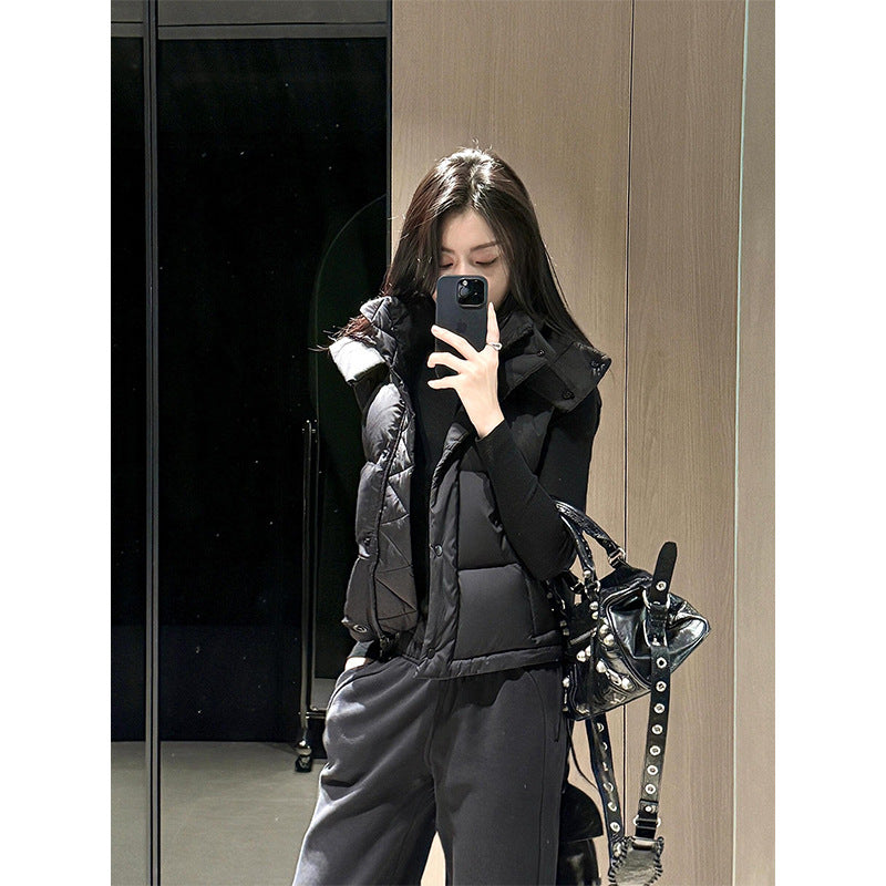 Winter Wund Puff Duck Down Four-Grid Vest Down Jacket Puff Hooded Short Coat for Women