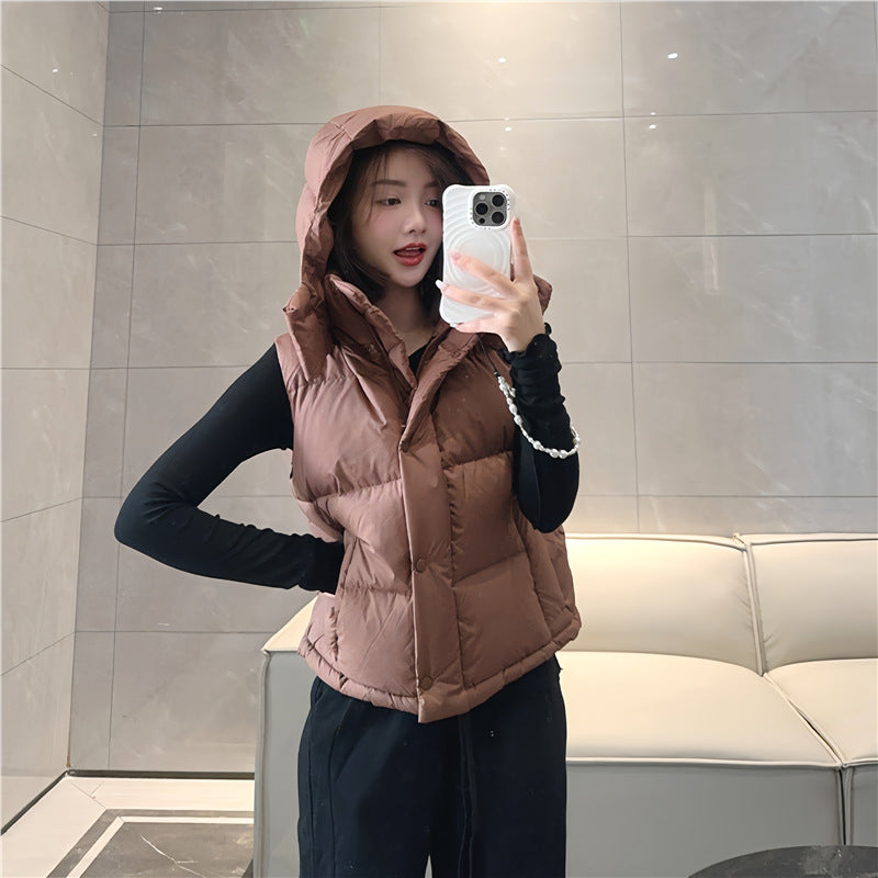 Winter Wund Puff Duck Down Four-Grid Vest Down Jacket Puff Hooded Short Coat for Women