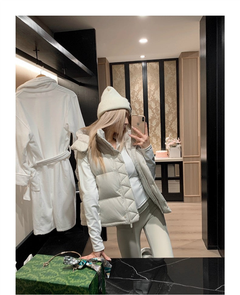 Winter Wund Puff Duck Down Four-Grid Vest Down Jacket Puff Hooded Short Coat for Women