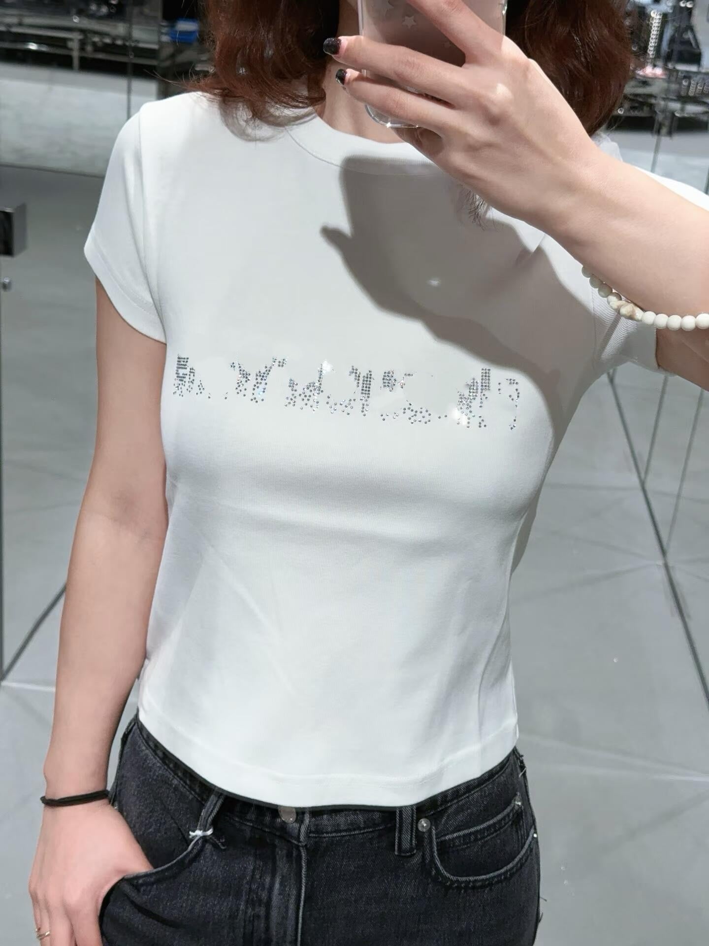 Women's Sparkle Rhinestone Short Sleeve Slim Fit Cotton Blend T-Shirt