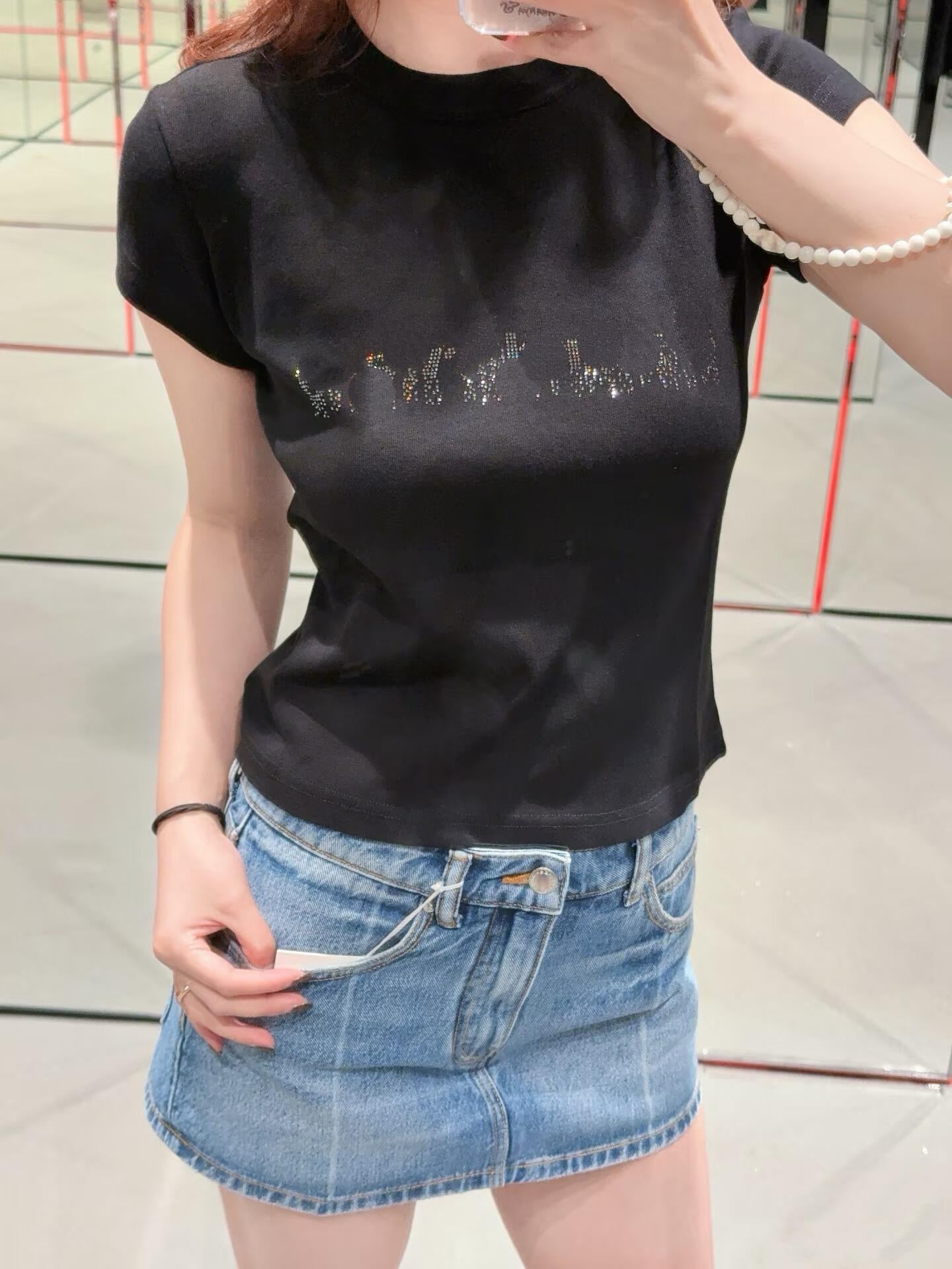 Women's Sparkle Rhinestone Short Sleeve Slim Fit Cotton Blend T-Shirt