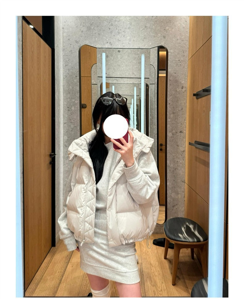 Winter Wund Puff Duck Down Four-Grid Vest Down Jacket Puff Hooded Short Coat for Women