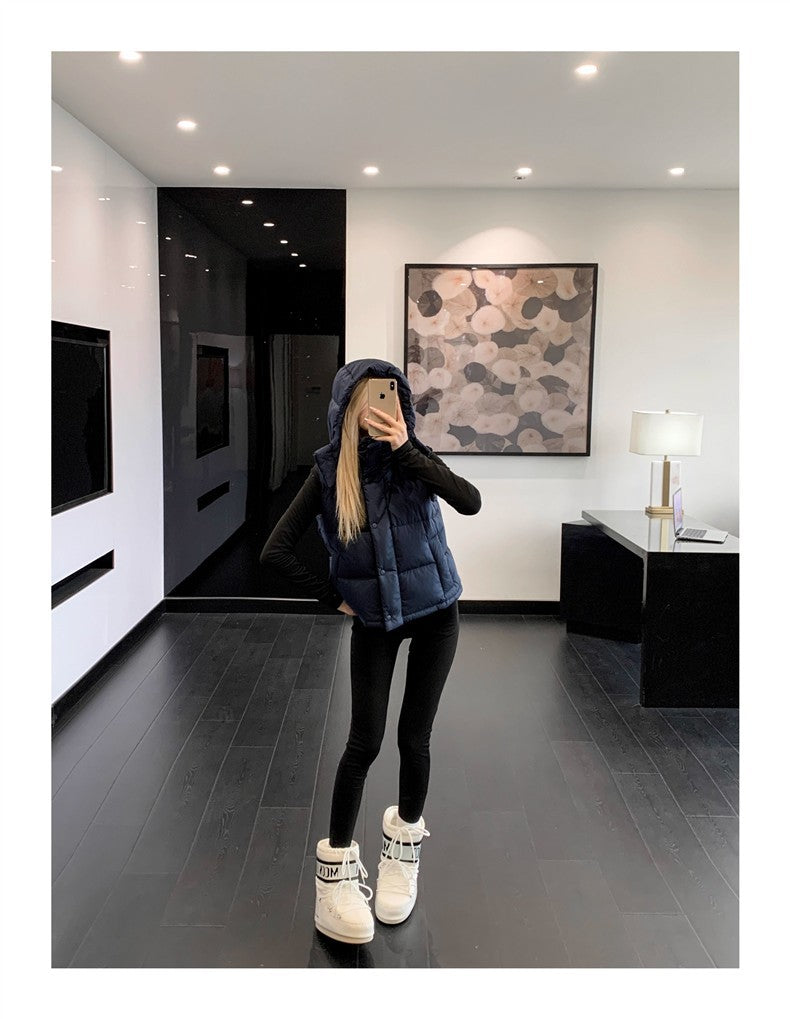 Winter Wund Puff Duck Down Four-Grid Vest Down Jacket Puff Hooded Short Coat for Women