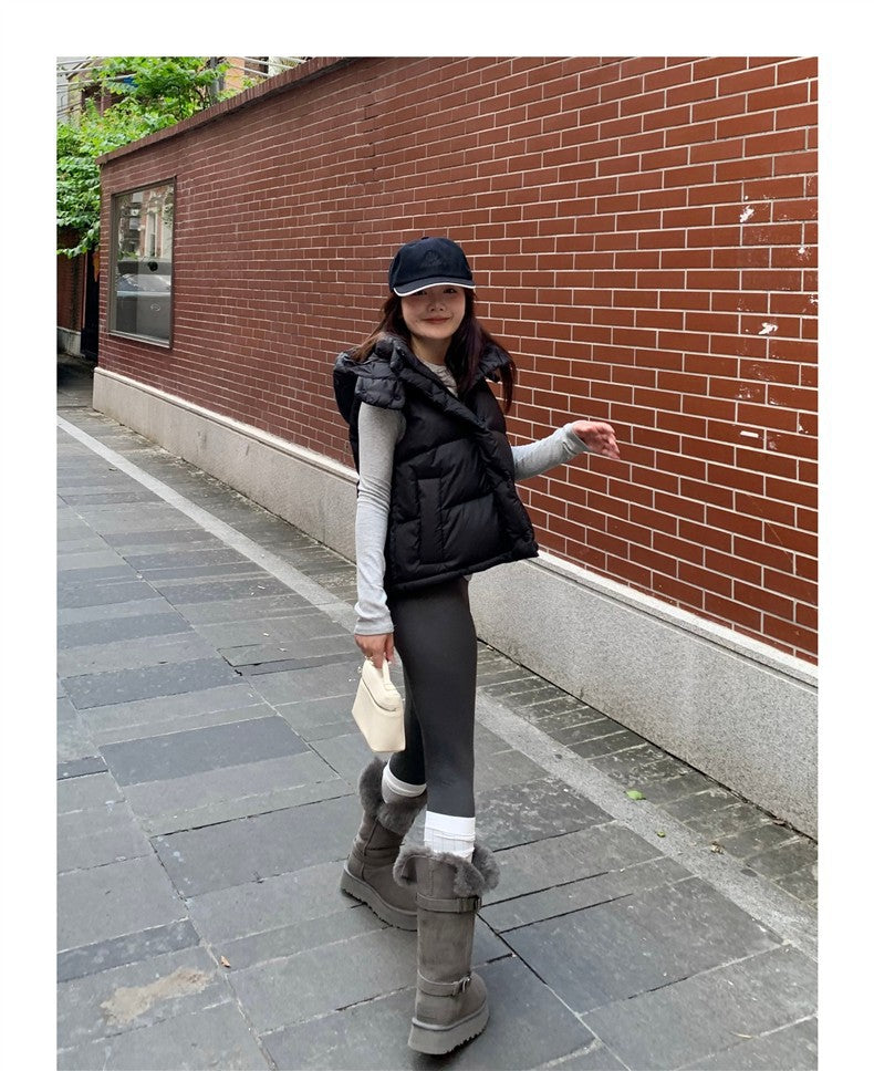 Winter Wund Puff Duck Down Four-Grid Vest Down Jacket Puff Hooded Short Coat for Women