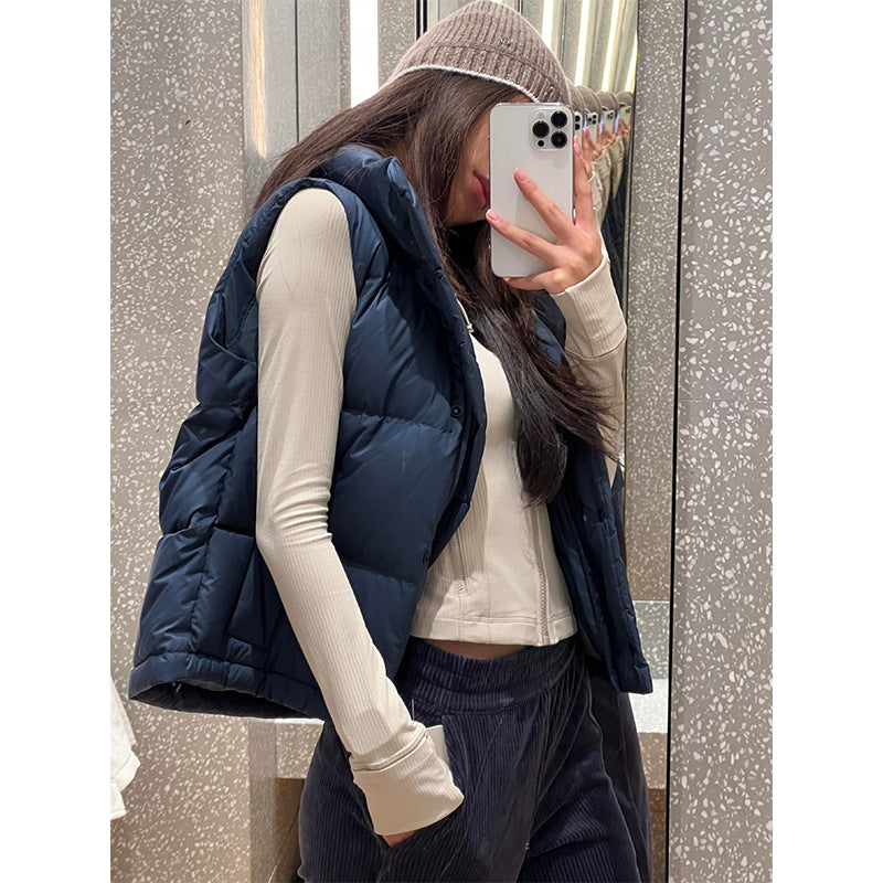 Winter Wund Puff Duck Down Four-Grid Vest Down Jacket Puff Hooded Short Coat for Women