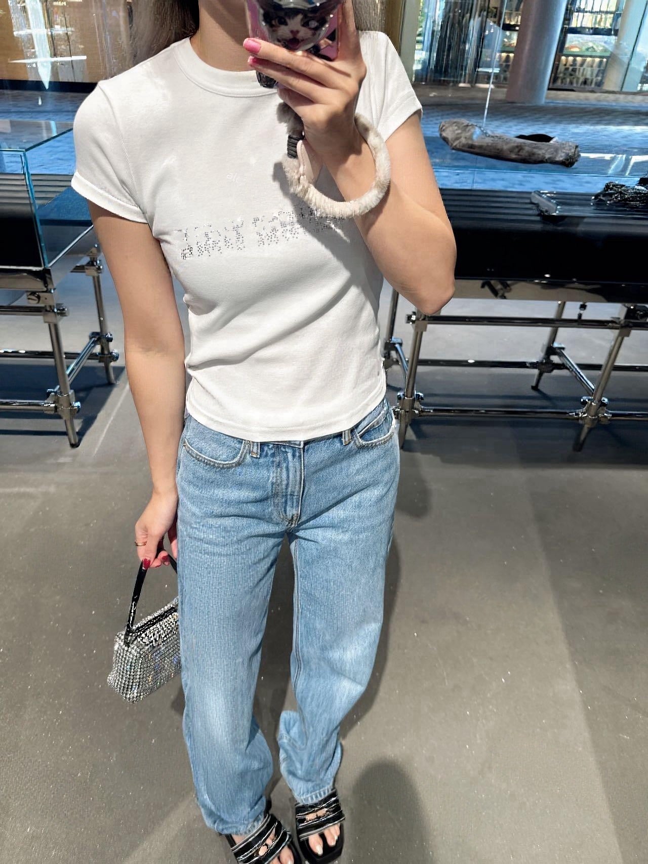 Women's Sparkle Rhinestone Short Sleeve Slim Fit Cotton Blend T-Shirt