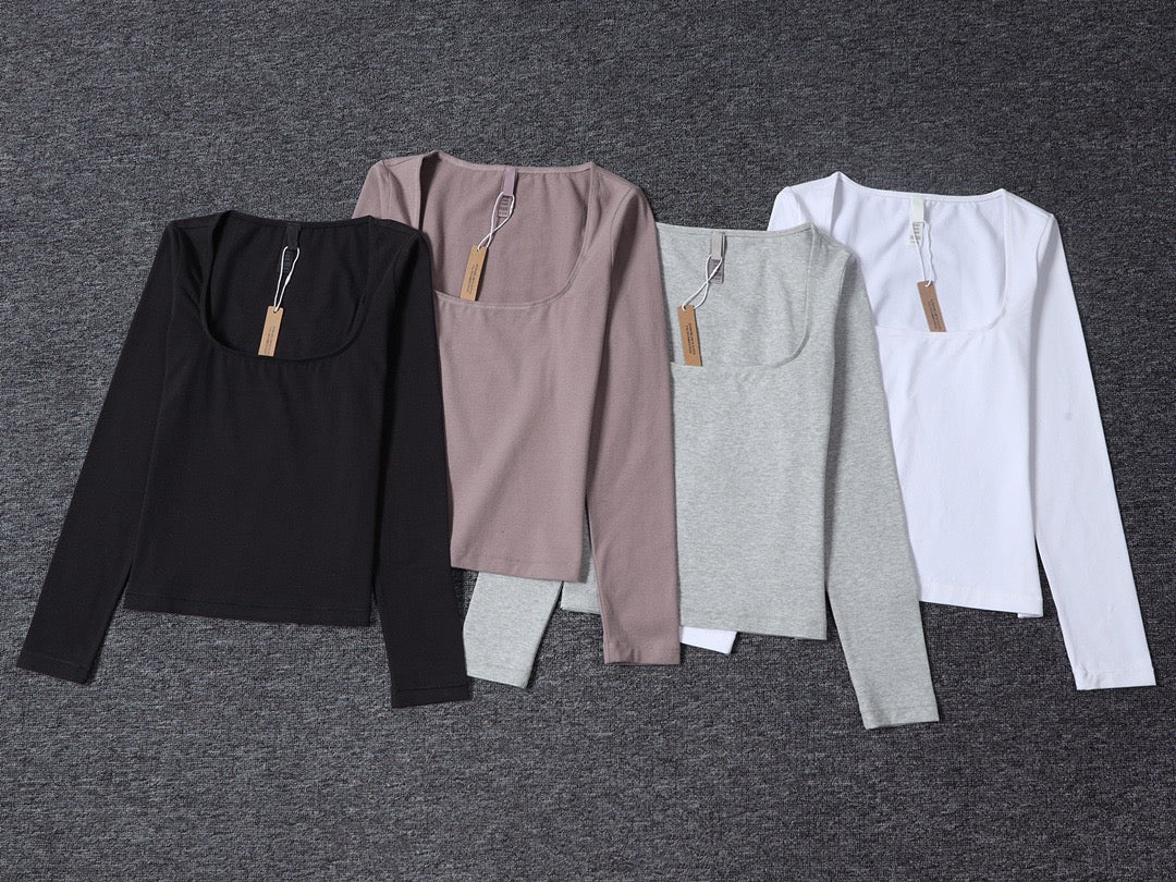 Long Sleeve Square Neck Cotton Top – Ballet-Core Style Ultra-Soft "Baby-Skin" Brushed Cotton Square Neck Tee