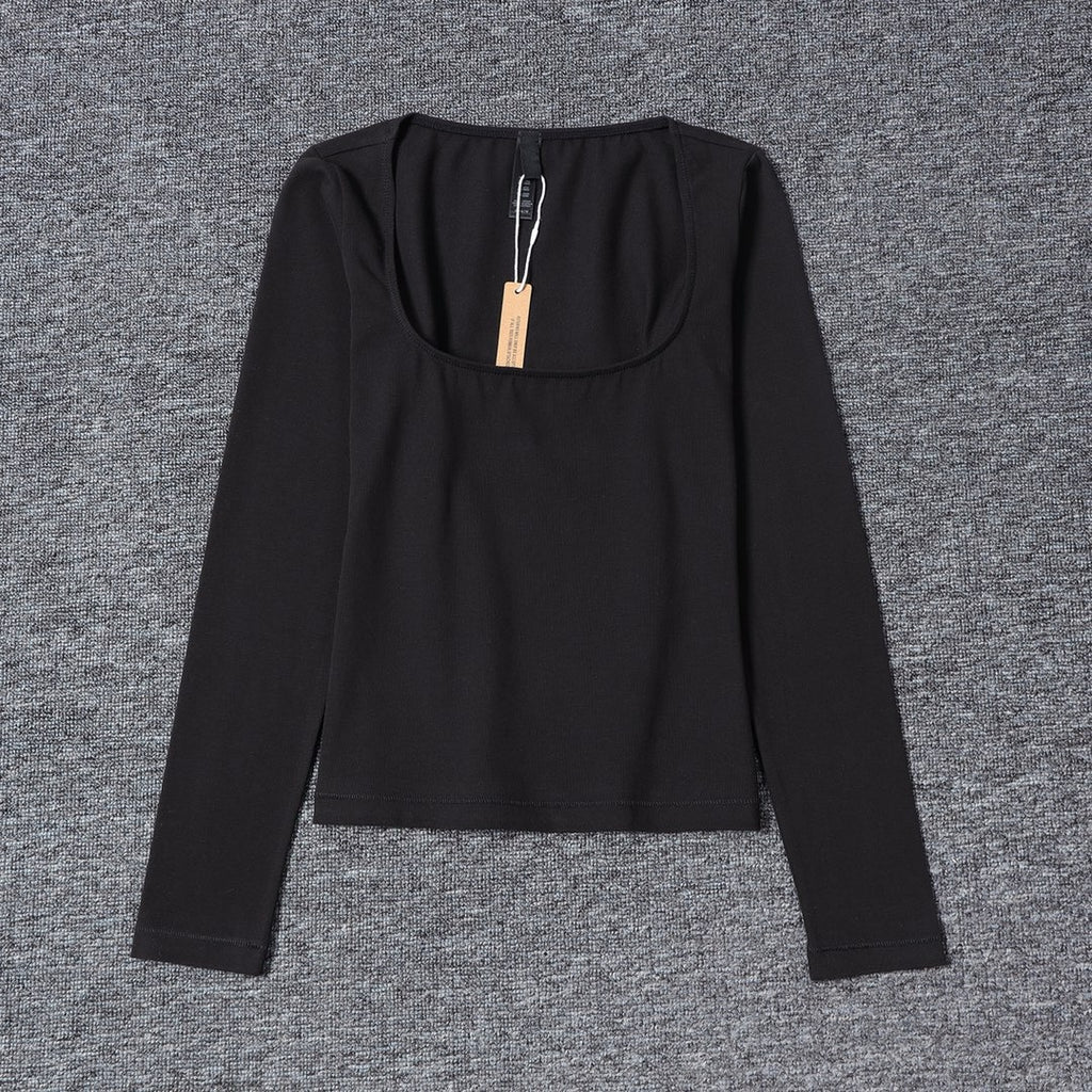 Long Sleeve Square Neck Cotton Top – Ballet-Core Style Ultra-Soft "Baby-Skin" Brushed Cotton Square Neck Tee