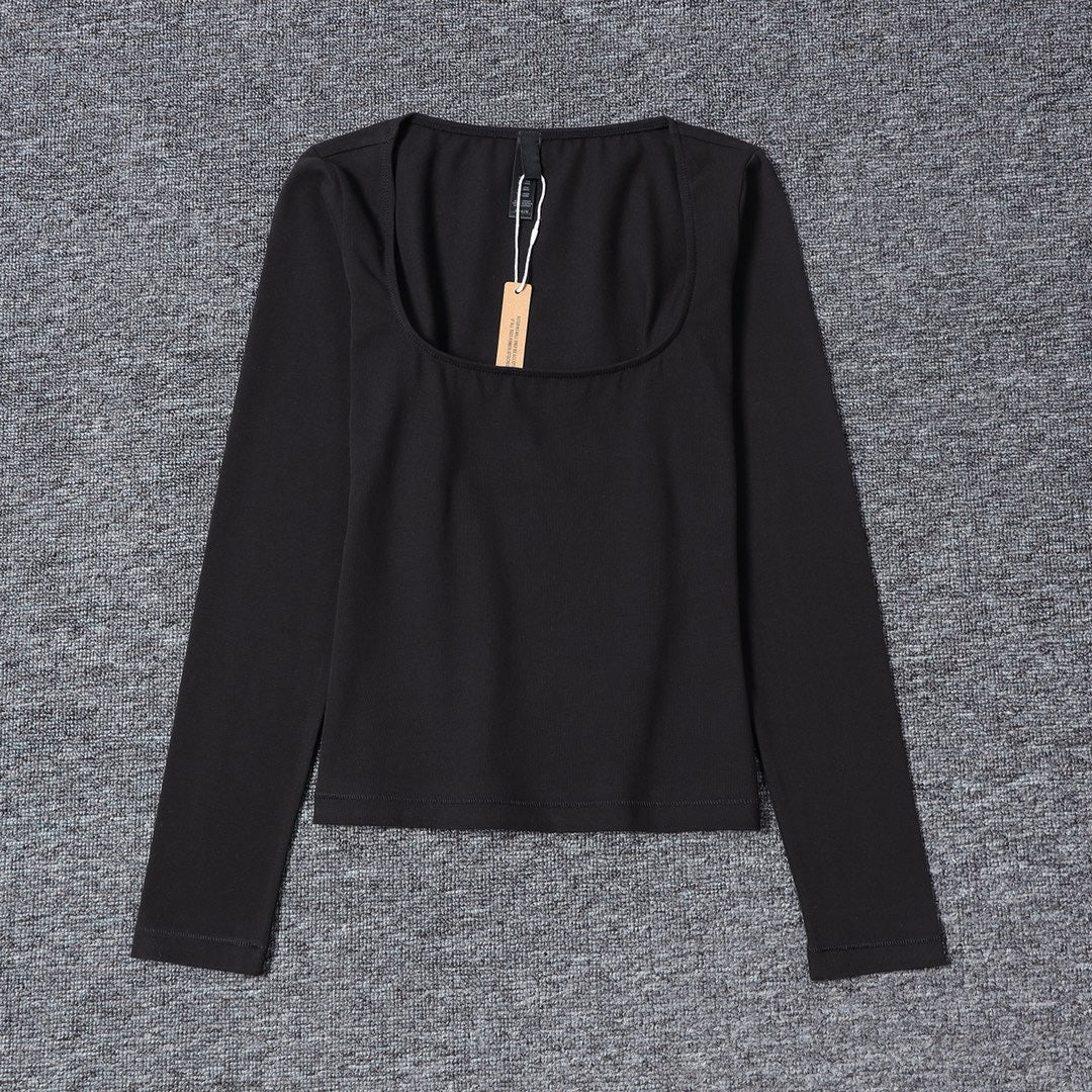 Long Sleeve Square Neck Cotton Top – Ballet-Core Style Ultra-Soft "Baby-Skin" Brushed Cotton Square Neck Tee