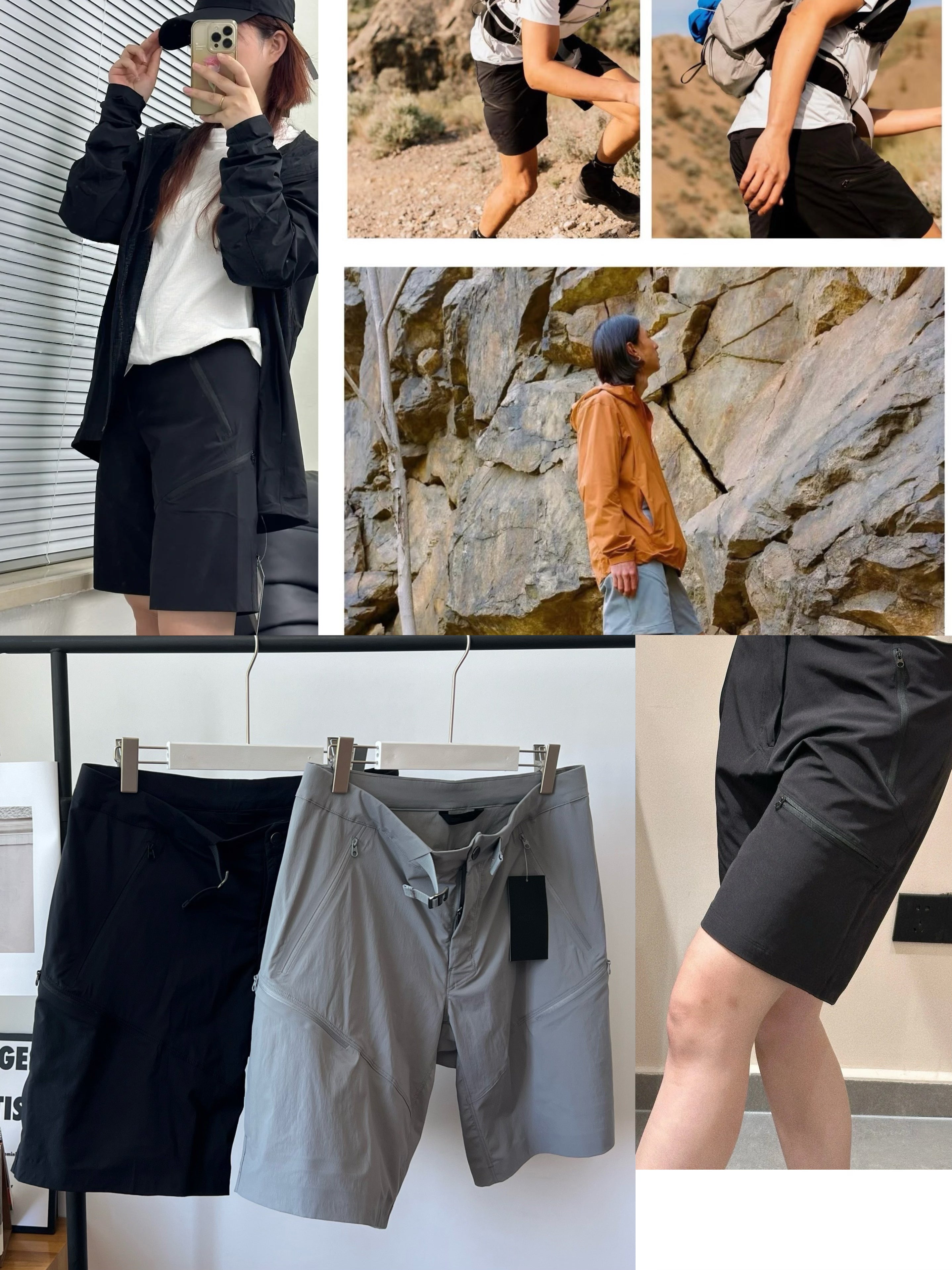 Unisex Quick-Dry Outdoor Hiking Shorts Lightweight Breathable Grey Black