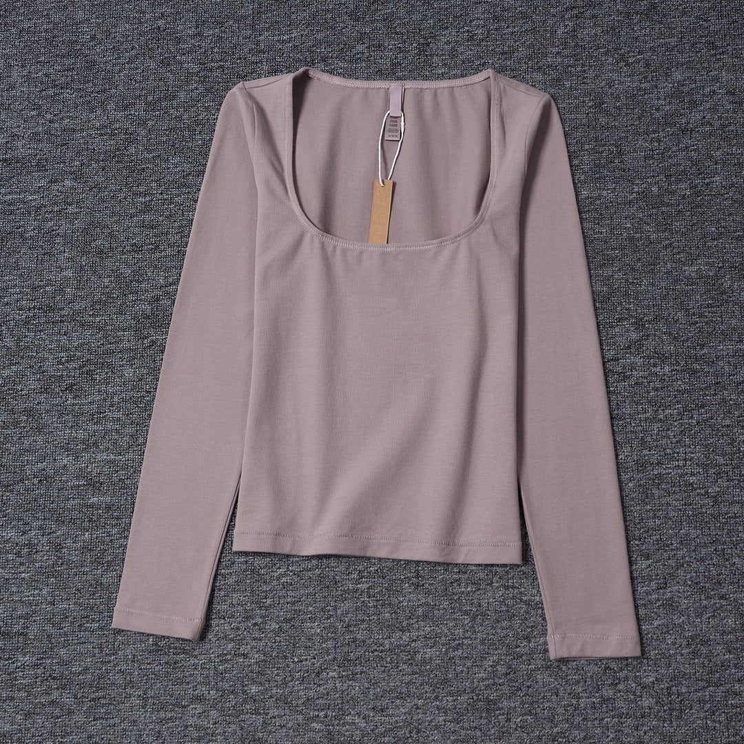 Long Sleeve Square Neck Cotton Top – Ballet-Core Style Ultra-Soft "Baby-Skin" Brushed Cotton Square Neck Tee
