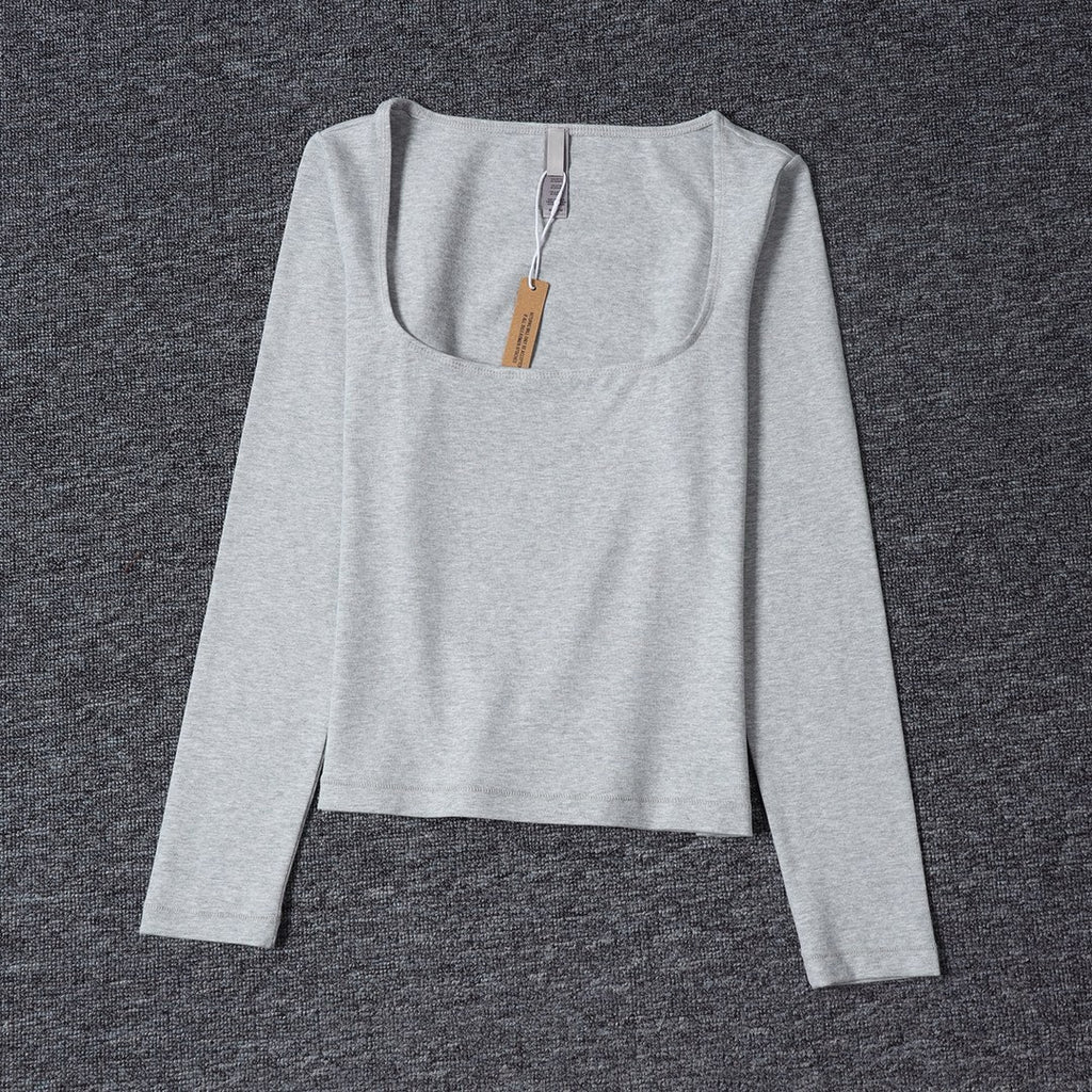 Long Sleeve Square Neck Cotton Top – Ballet-Core Style Ultra-Soft "Baby-Skin" Brushed Cotton Square Neck Tee
