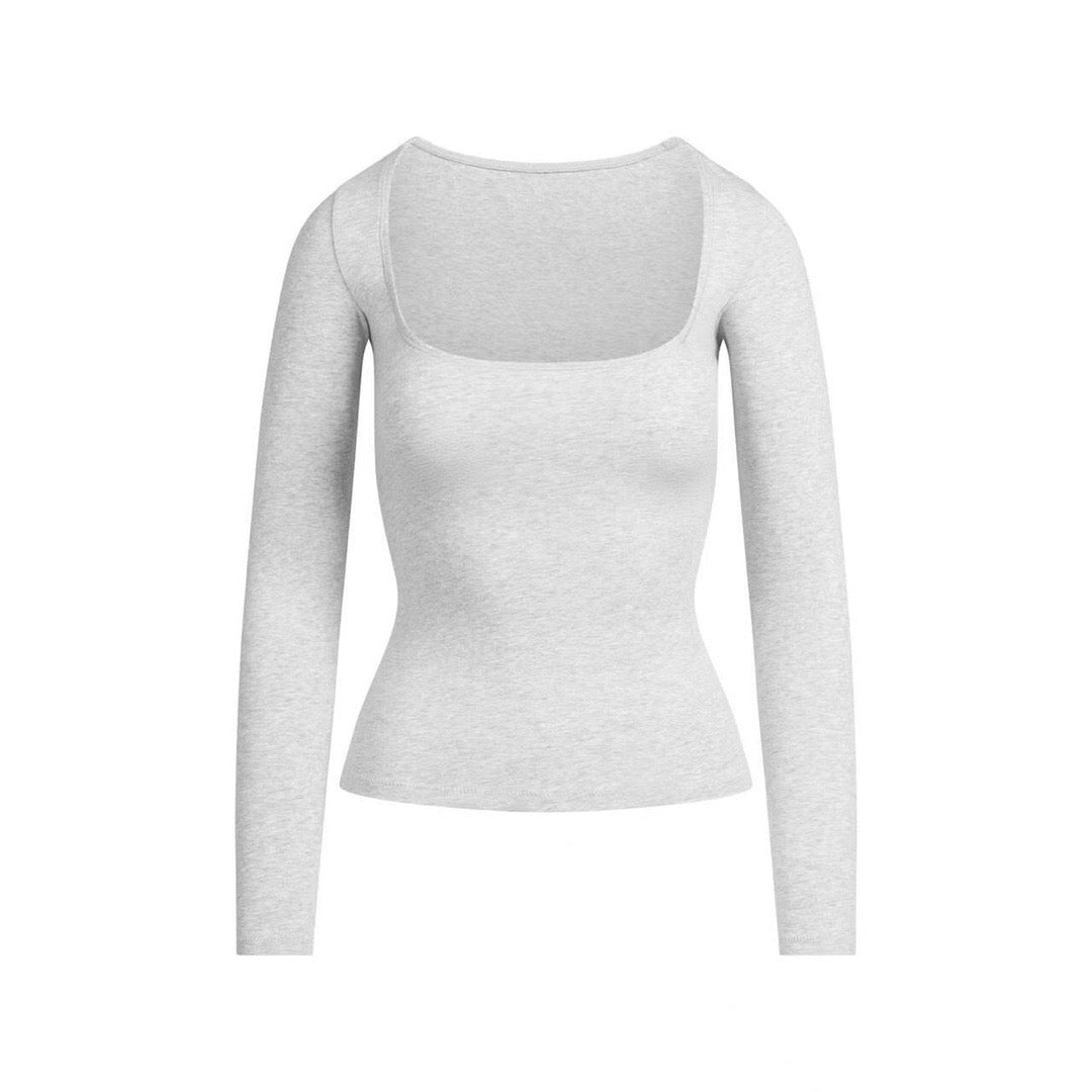 Long Sleeve Square Neck Cotton Top – Ballet-Core Style Ultra-Soft "Baby-Skin" Brushed Cotton Square Neck Tee