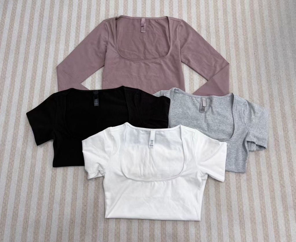 Long Sleeve Square Neck Cotton Top – Ballet-Core Style Ultra-Soft "Baby-Skin" Brushed Cotton Square Neck Tee