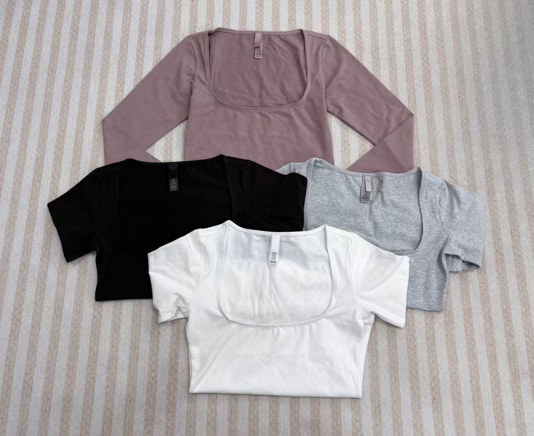 Long Sleeve Square Neck Cotton Top – Ballet-Core Style Ultra-Soft "Baby-Skin" Brushed Cotton Square Neck Tee