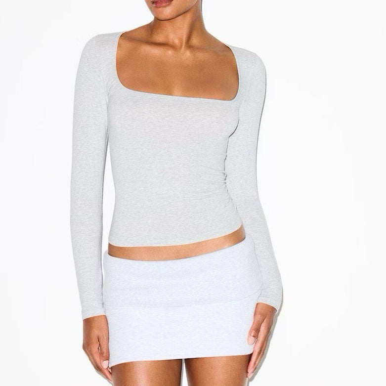 Long Sleeve Square Neck Cotton Top – Ballet-Core Style Ultra-Soft "Baby-Skin" Brushed Cotton Square Neck Tee
