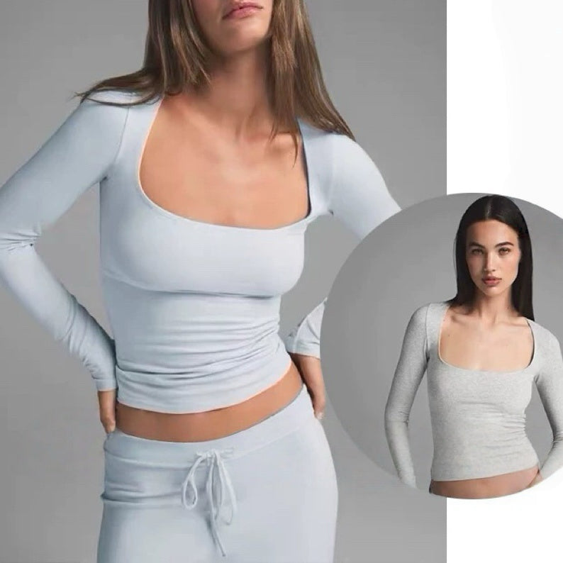 Long Sleeve Square Neck Cotton Top – Ballet-Core Style Ultra-Soft "Baby-Skin" Brushed Cotton Square Neck Tee