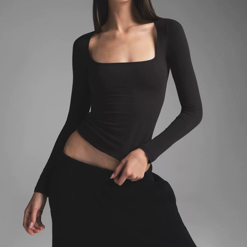 Long Sleeve Square Neck Cotton Top – Ballet-Core Style Ultra-Soft "Baby-Skin" Brushed Cotton Square Neck Tee