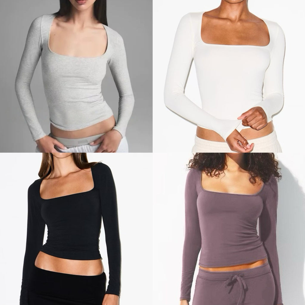 Long Sleeve Square Neck Cotton Top – Ballet-Core Style Ultra-Soft "Baby-Skin" Brushed Cotton Square Neck Tee
