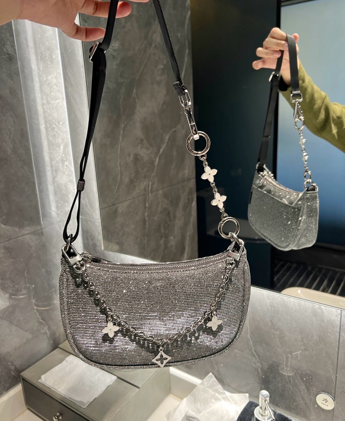 Essential Women's Glitter Silver Mini Shoulder Crossbody Bag With Adjustable Strap