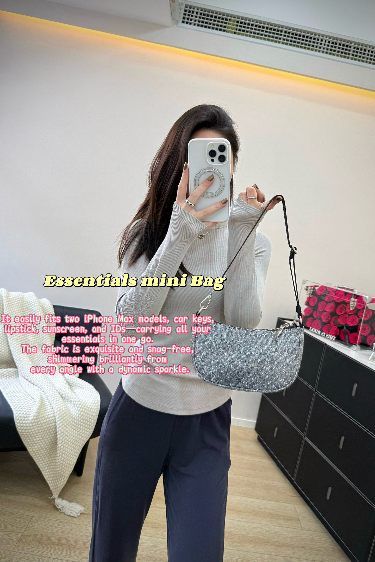 Essential Women's Glitter Silver Mini Shoulder Crossbody Bag With Adjustable Strap
