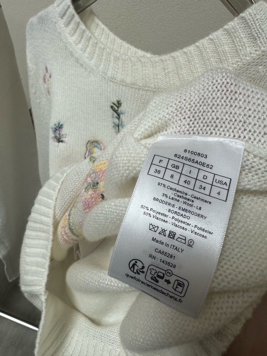 Artisanal Floral Embroidery Cashmere Set: Long/Short Sleeve Knit Top + Classic White Straight-Leg Jeans - Premium 97% Cashmere & 100% Cotton