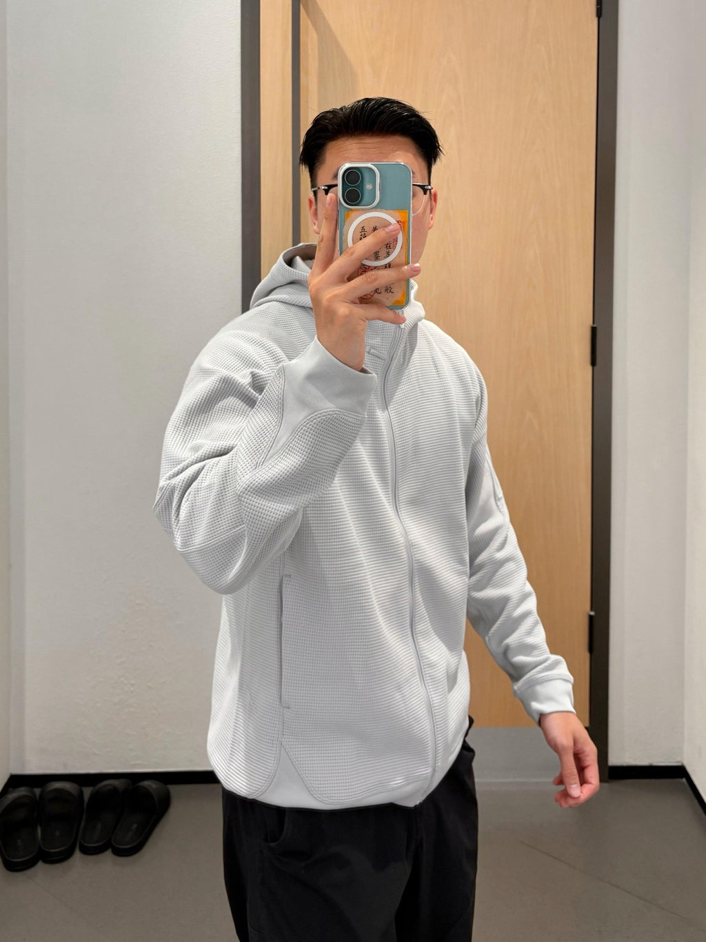 Waffle Knit Hooded Jacket - Unisex Breathable Mid-Layer Hoodie with Zippered Sleeve Pocket &amp; Embroidered Logo - Lightweight Outdoor Performance Gear