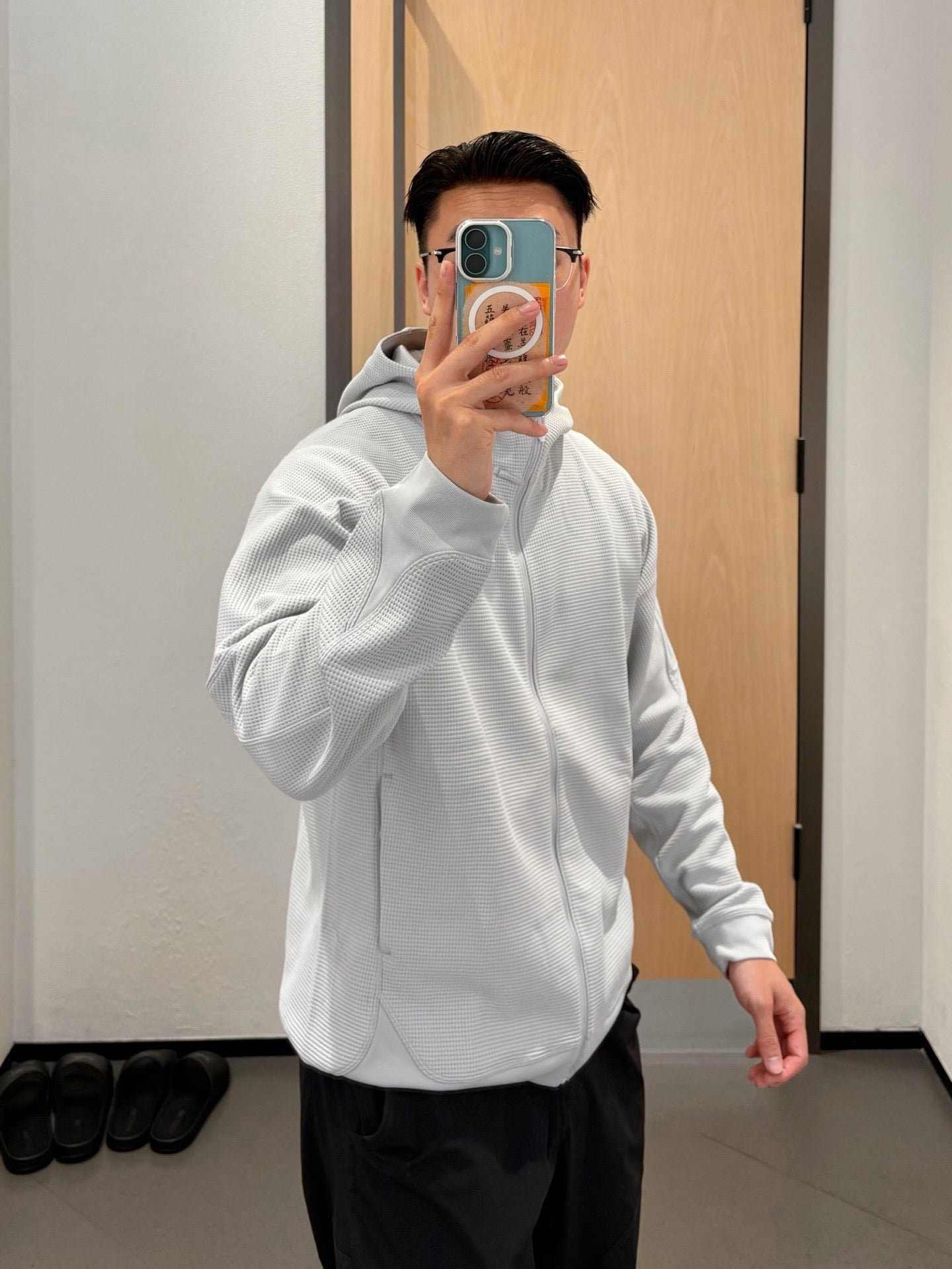 Waffle Knit Hooded Jacket - Unisex Breathable Mid-Layer Hoodie with Zippered Sleeve Pocket &amp; Embroidered Logo - Lightweight Outdoor Performance Gear