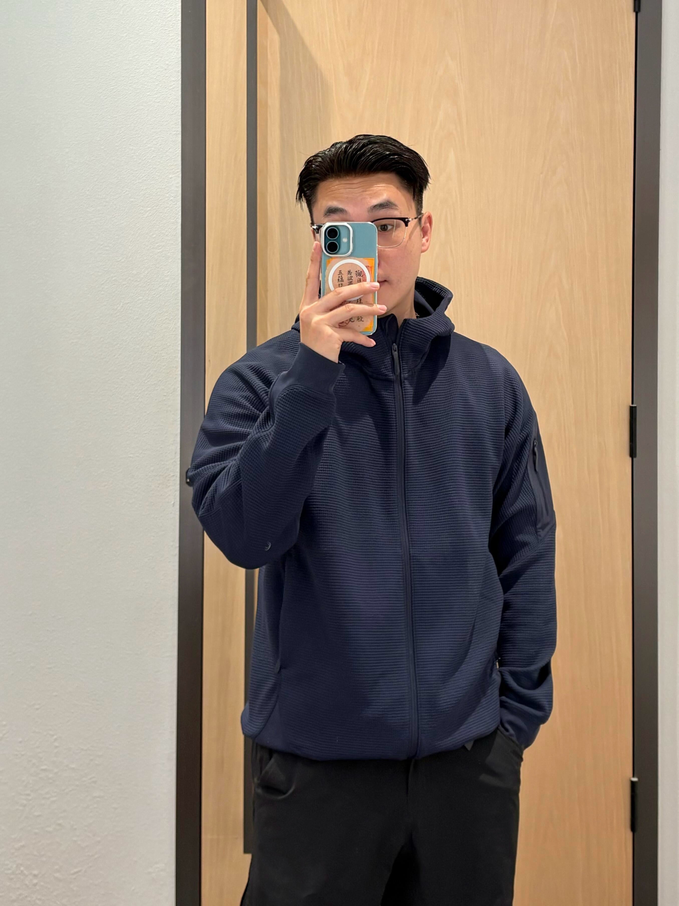 Waffle Knit Hooded Jacket - Unisex Breathable Mid-Layer Hoodie with Zippered Sleeve Pocket &amp; Embroidered Logo - Lightweight Outdoor Performance Gear