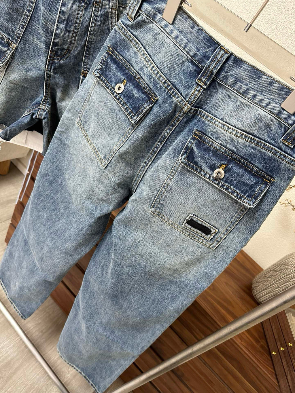 Women's High-Waist Multi-Pocket Vintage Blue Denim Shorts & Pants Cargo-Inspired Stretchy
