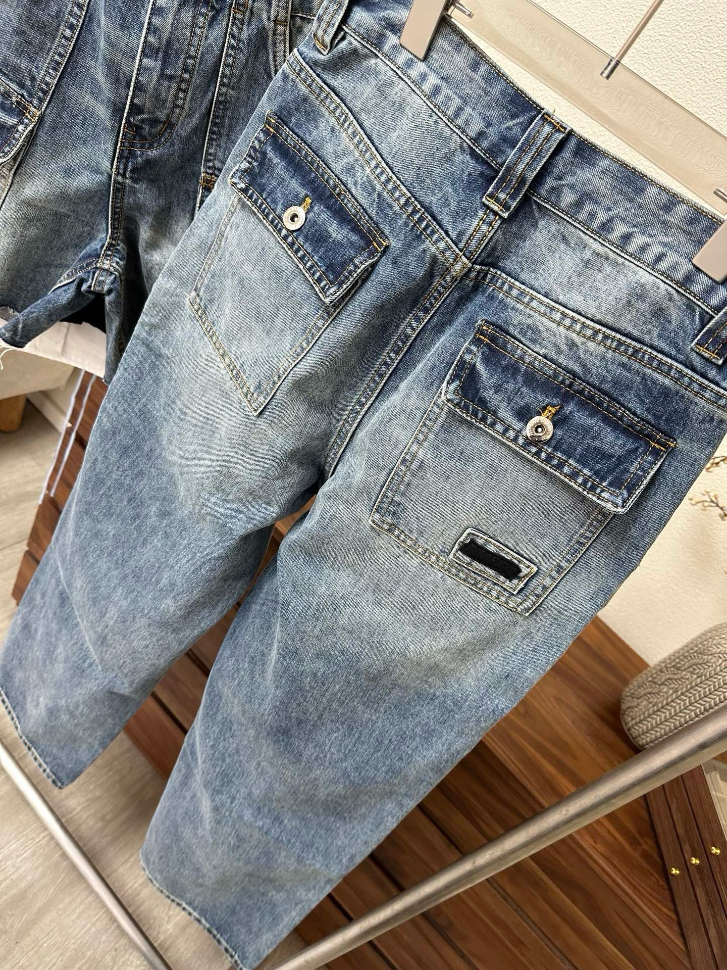 Women's High-Waist Multi-Pocket Vintage Blue Denim Shorts & Pants Cargo-Inspired Stretchy