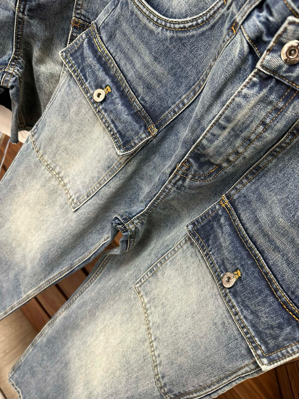 Women's High-Waist Multi-Pocket Vintage Blue Denim Shorts & Pants Cargo-Inspired Stretchy