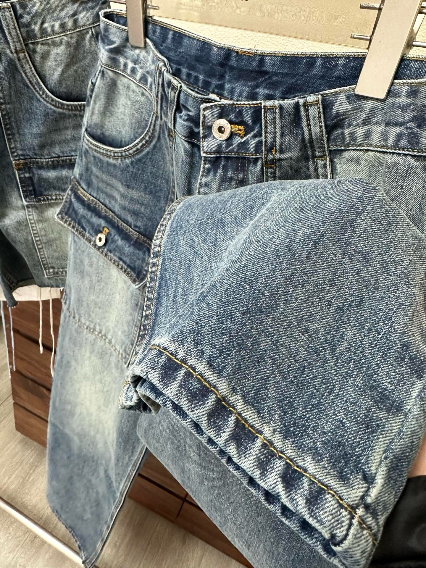 Women's High-Waist Multi-Pocket Vintage Blue Denim Shorts & Pants Cargo-Inspired Stretchy