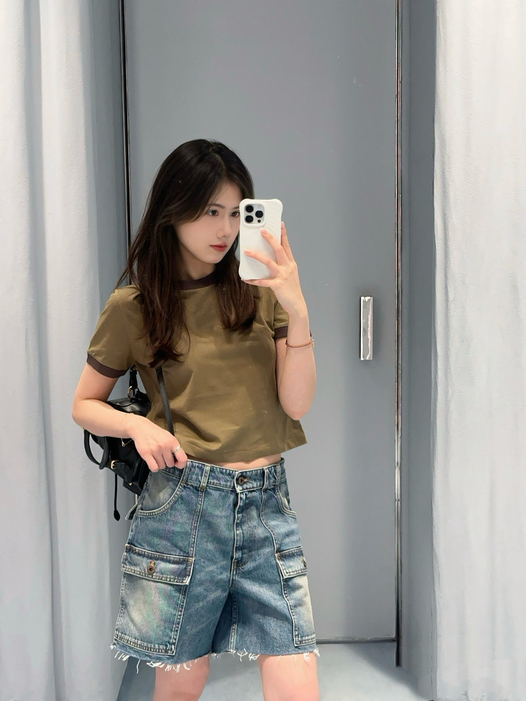 Women's High-Waist Multi-Pocket Vintage Blue Denim Shorts & Pants Cargo-Inspired Stretchy