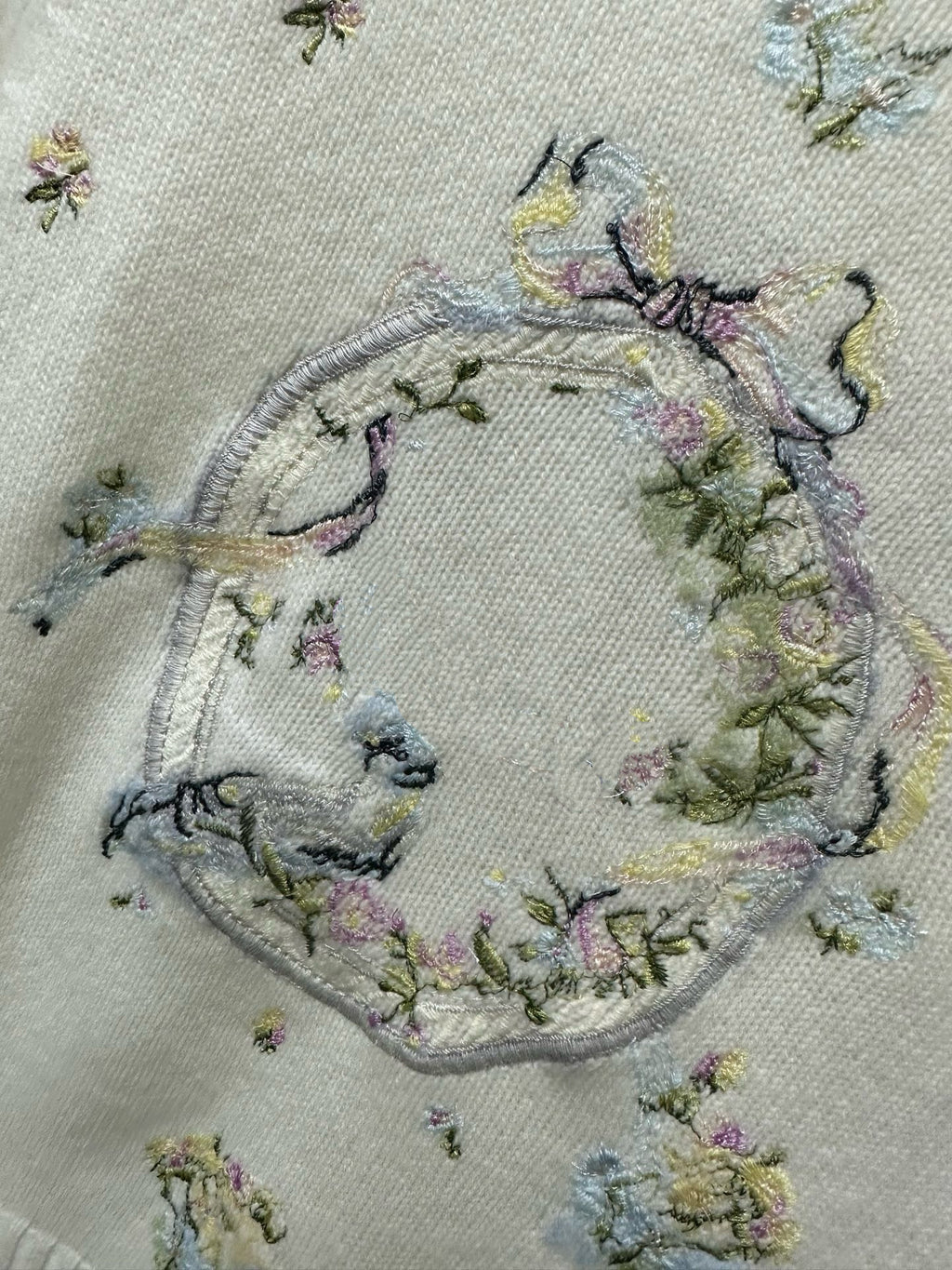 Artisanal Floral Embroidery Cashmere Set: Long/Short Sleeve Knit Top + Classic White Straight-Leg Jeans - Premium 97% Cashmere & 100% Cotton