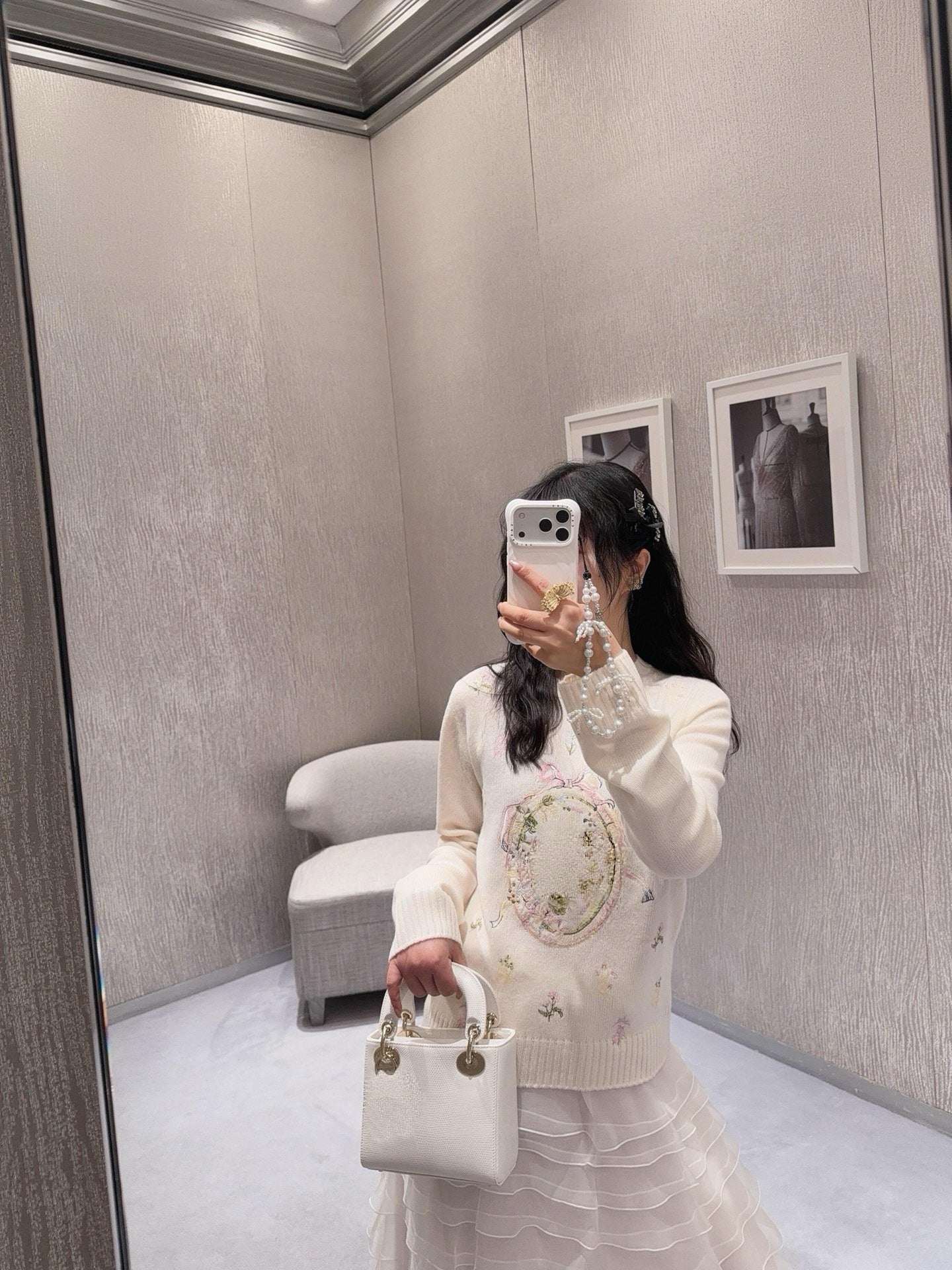 Artisanal Floral Embroidery Cashmere Set: Long/Short Sleeve Knit Top + Classic White Straight-Leg Jeans - Premium 97% Cashmere & 100% Cotton