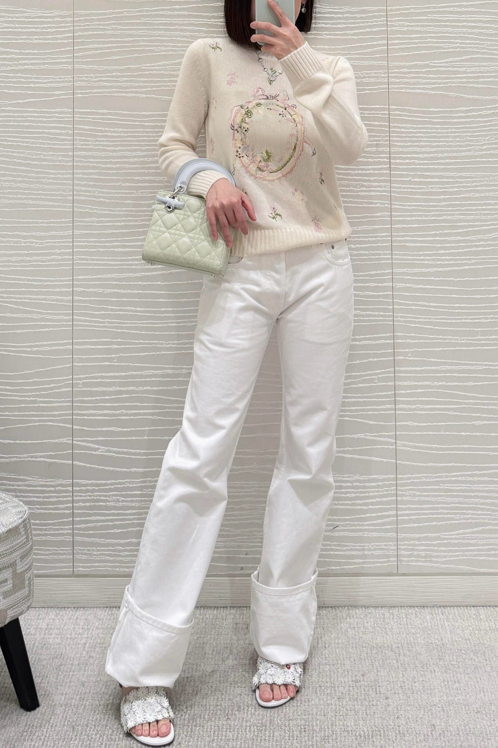 Artisanal Floral Embroidery Cashmere Set: Long/Short Sleeve Knit Top + Classic White Straight-Leg Jeans - Premium 97% Cashmere & 100% Cotton