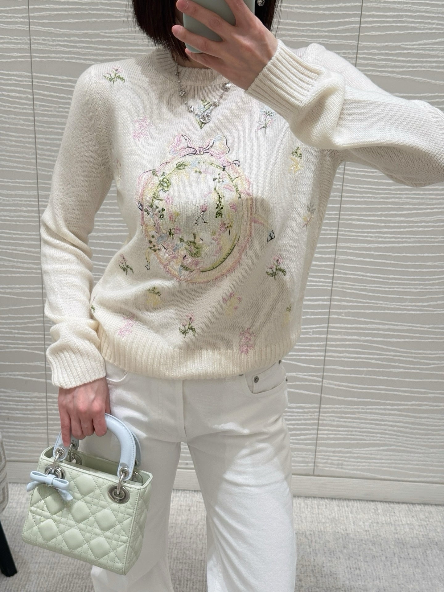 Artisanal Floral Embroidery Cashmere Set: Long/Short Sleeve Knit Top + Classic White Straight-Leg Jeans - Premium 97% Cashmere & 100% Cotton