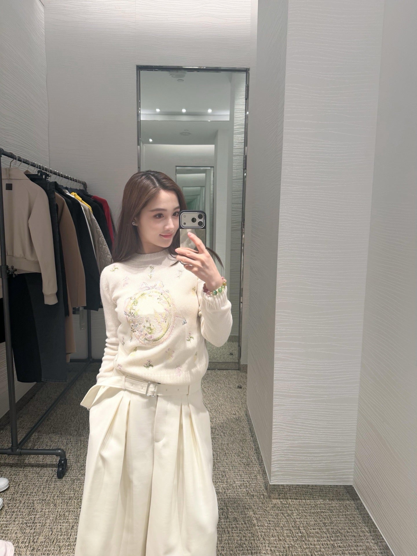 Artisanal Floral Embroidery Cashmere Set: Long/Short Sleeve Knit Top + Classic White Straight-Leg Jeans - Premium 97% Cashmere & 100% Cotton