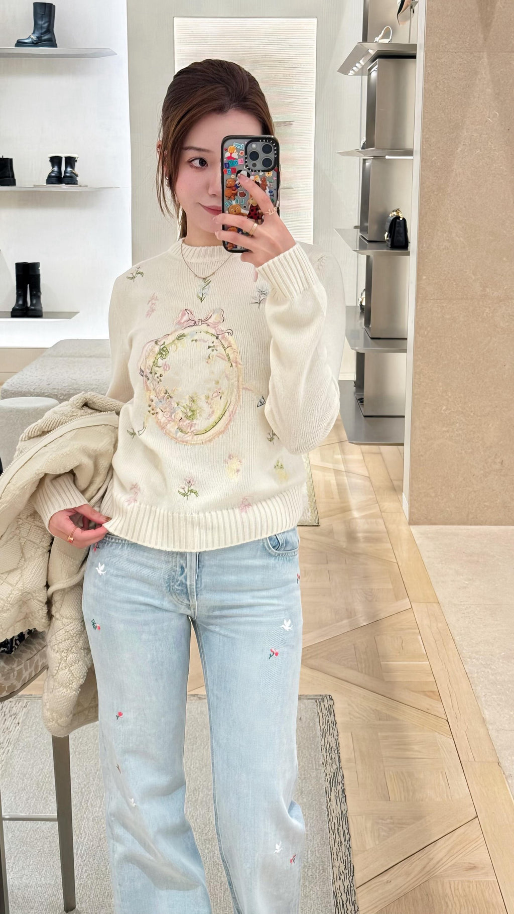 Artisanal Floral Embroidery Cashmere Set: Long/Short Sleeve Knit Top + Classic White Straight-Leg Jeans - Premium 97% Cashmere & 100% Cotton
