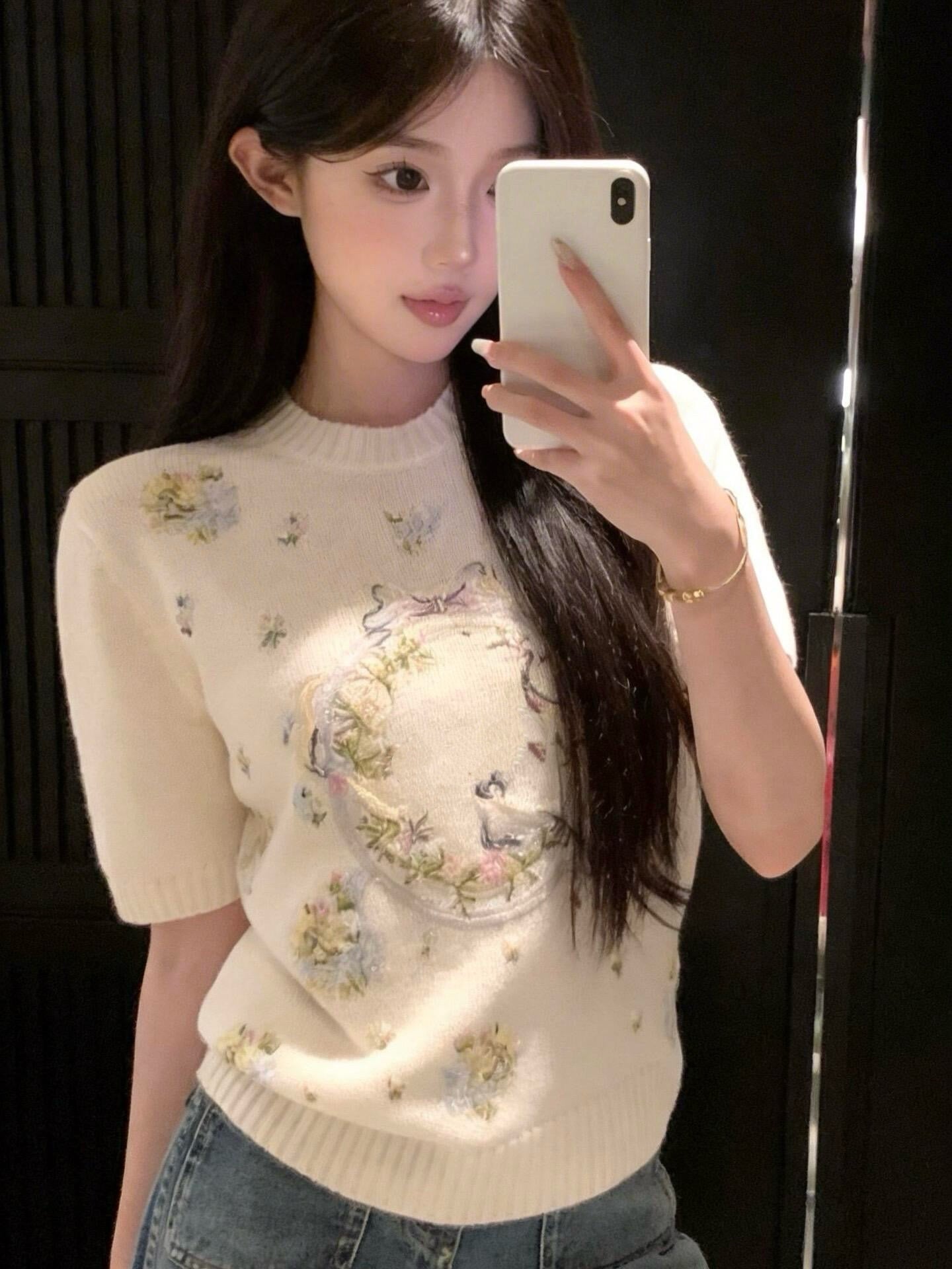 Artisanal Floral Embroidery Cashmere Set: Long/Short Sleeve Knit Top + Classic White Straight-Leg Jeans - Premium 97% Cashmere & 100% Cotton
