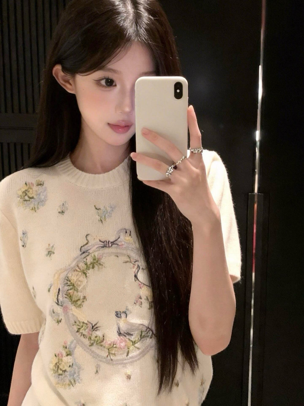 Artisanal Floral Embroidery Cashmere Set: Long/Short Sleeve Knit Top + Classic White Straight-Leg Jeans - Premium 97% Cashmere & 100% Cotton